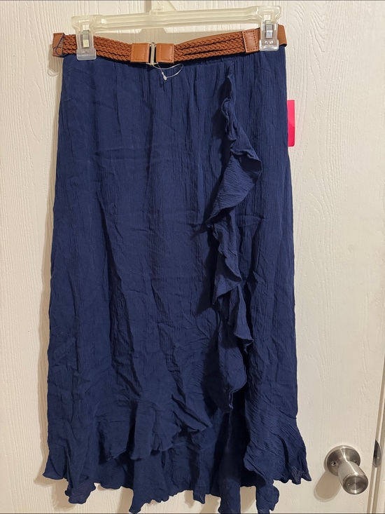 Amy Byer Other - Amy Byer Ruffle Front Maxi Skirt Girls Large 14 NWT Navy Blue Braided Tan Belt